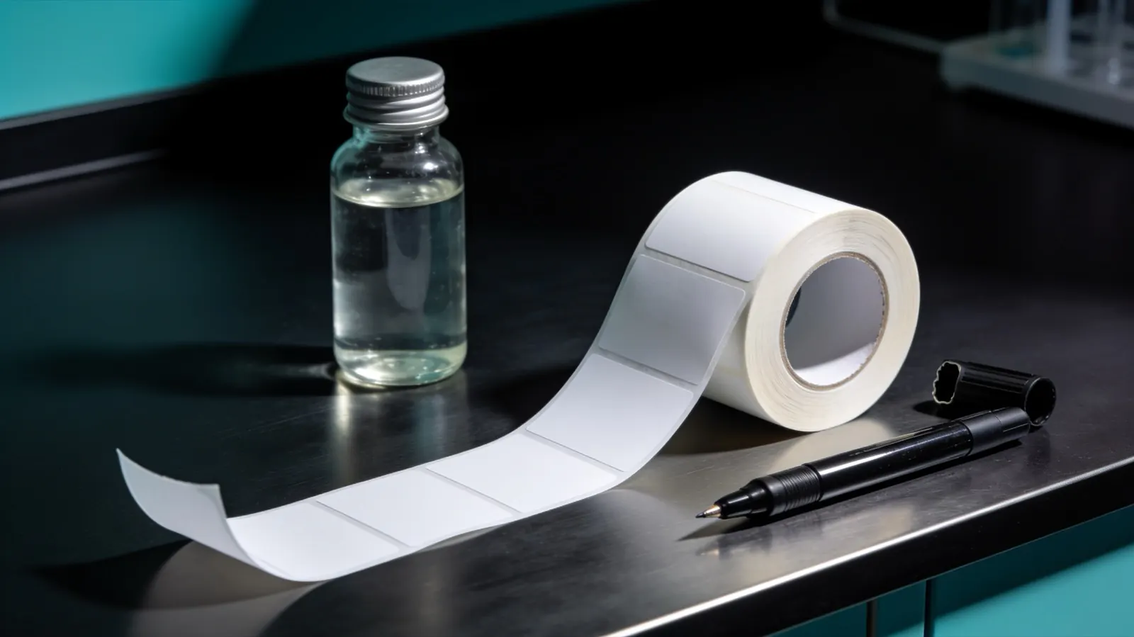A roll of blank laboratory tape and a marker beside a vial, the labelling step that bacteriostatic water storage depends on