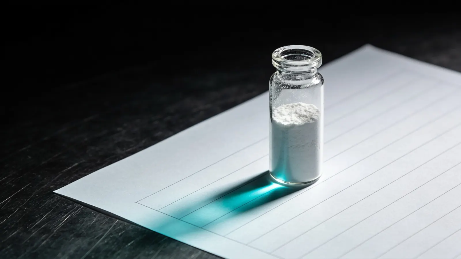 A vial of BPC-157 peptide standing on a printed certificate of analysis