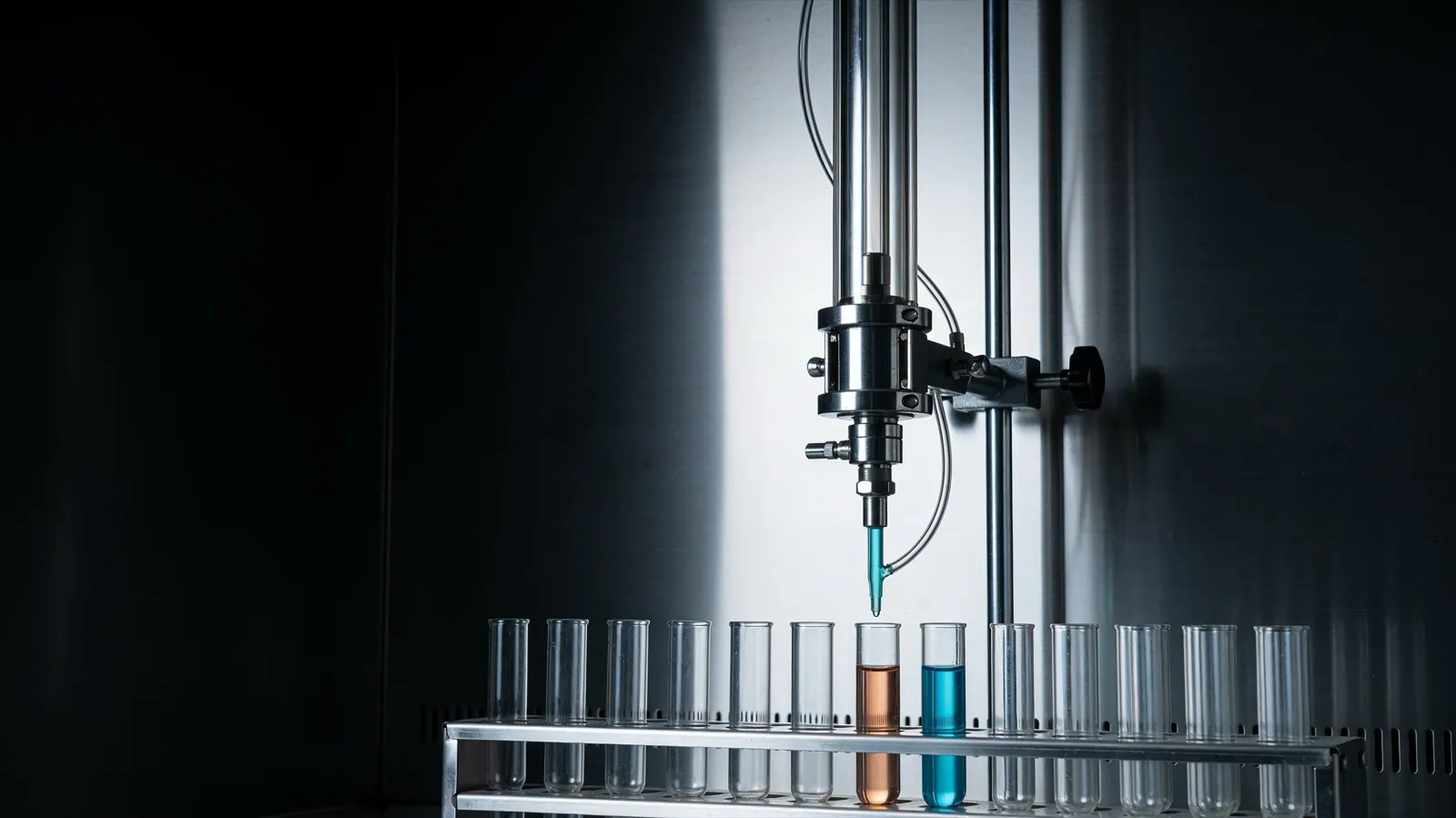 A preparative chromatography column with copper-blue eluate in the tubes below it, purifying GHK-Cu copper peptide