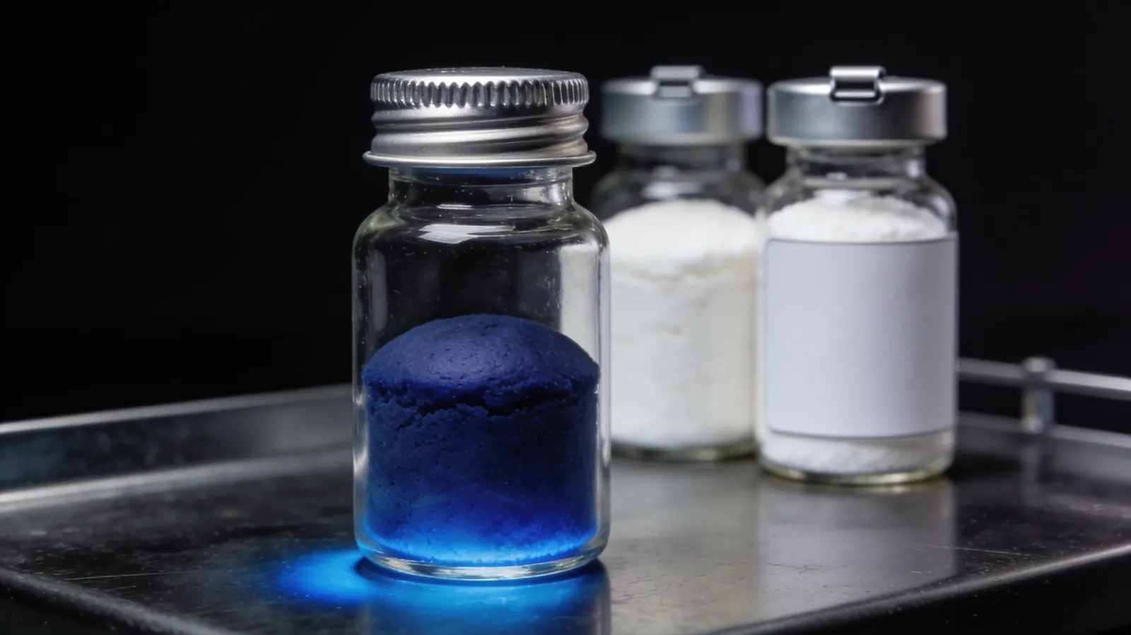 A vial of deep blue lyophilised cake beside two white ones, the colour that marks a GLOW peptide blend