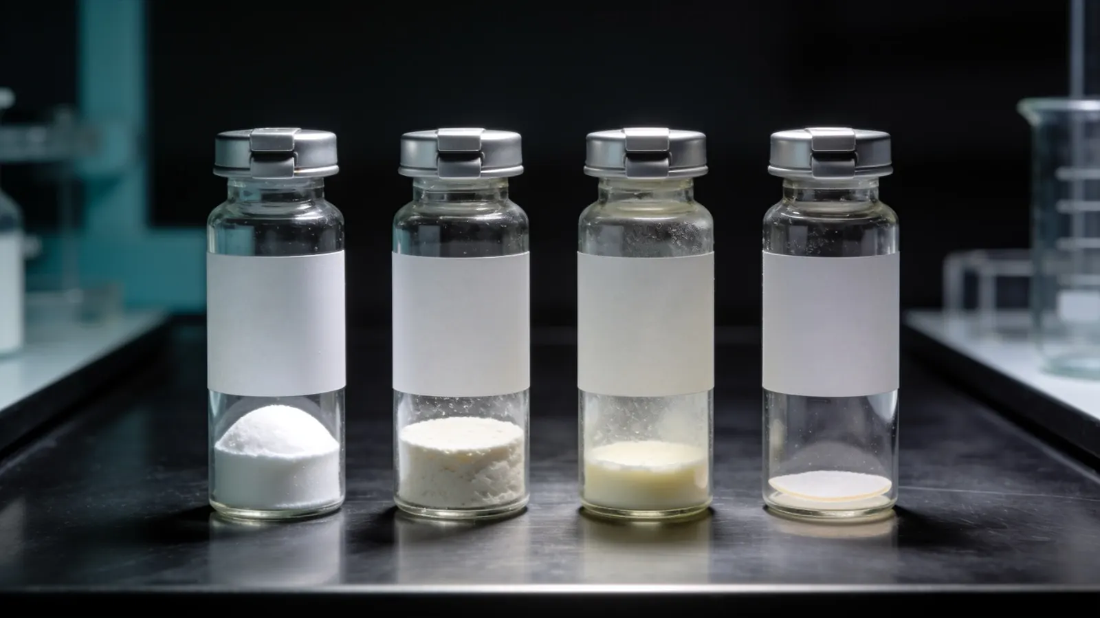 Four vials holding visibly different lyophilised cakes, standing for the per-component assays behind GLOW vs KLOW