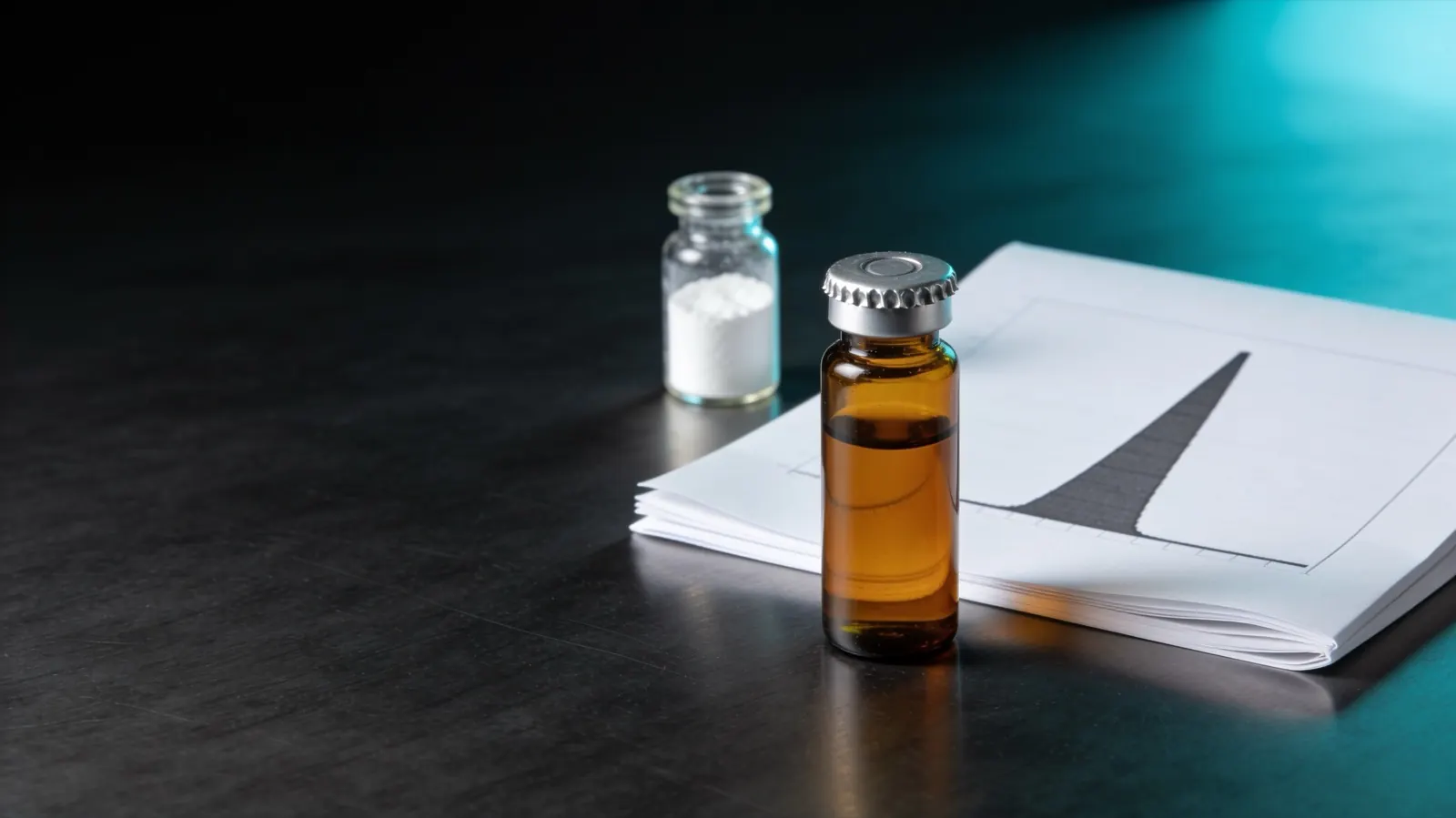An amber autosampler vial beside a printed chromatogram and a vial of white solid, the two ways a GLP-3 RT peptide certificate states identity