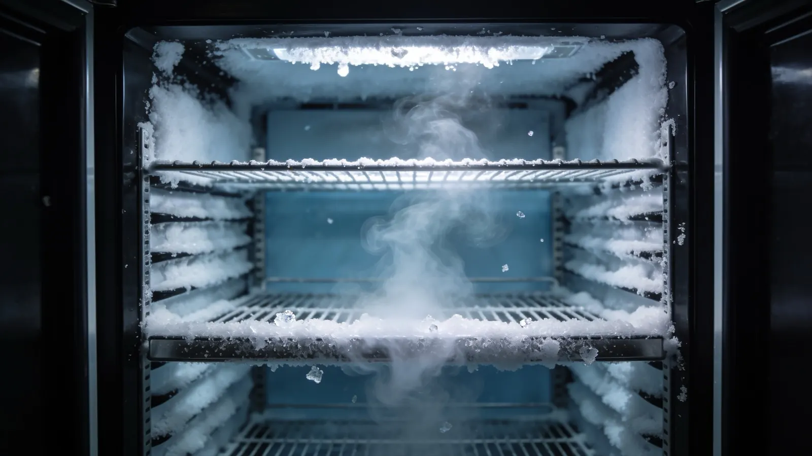 The frosted interior of a laboratory freezer, showing why a frost-free unit is the wrong answer to how to store peptides