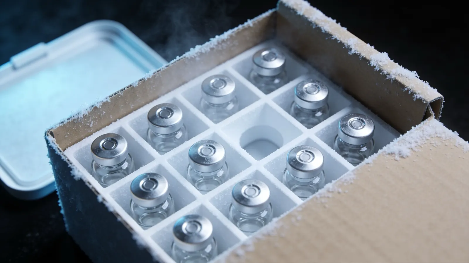 An open cryogenic storage box of sealed vials with frost at its edges, the way ipamorelin peptide is kept