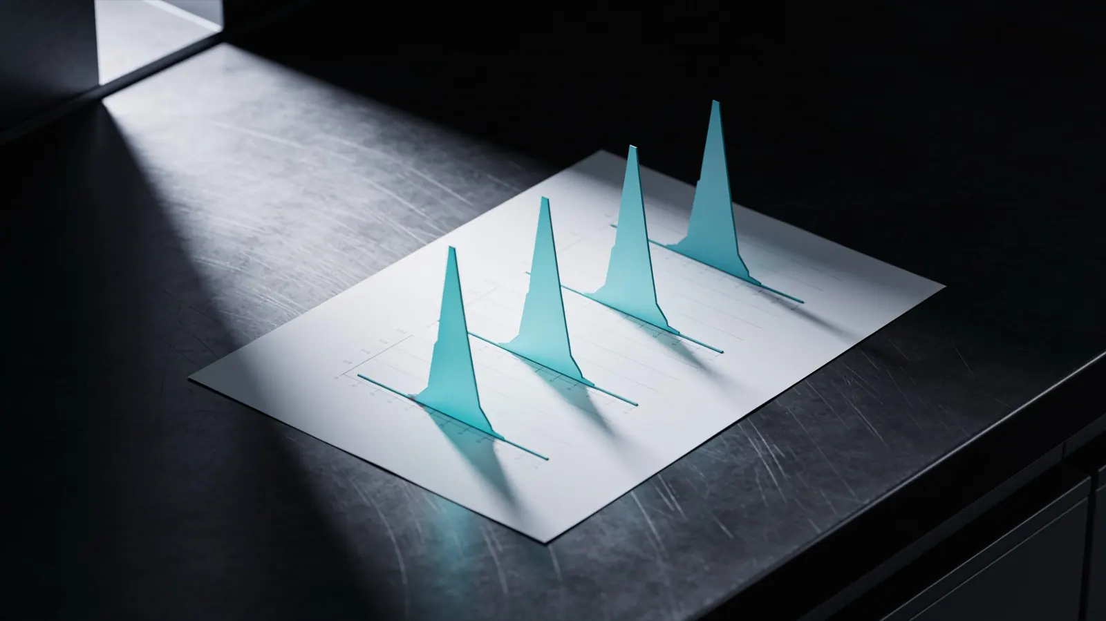 A printed sheet carrying four separate chromatogram traces, the four assays a KLOW peptide lot requires