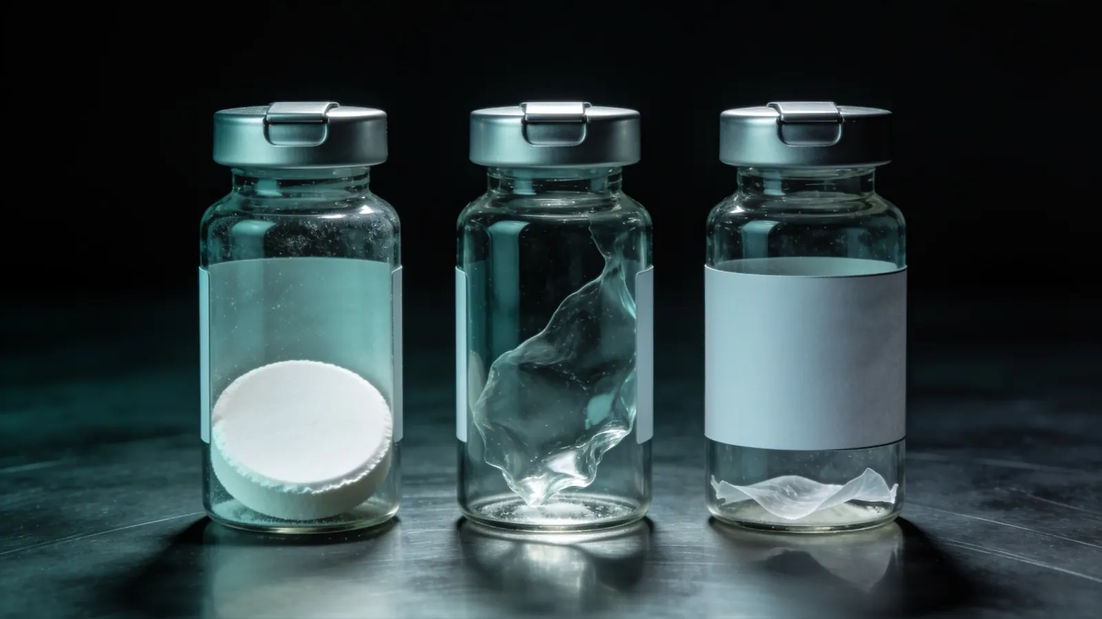 Three vials of lyophilized powder compared: an intact white cake, a shrunken glassy one and a thin collapsed film