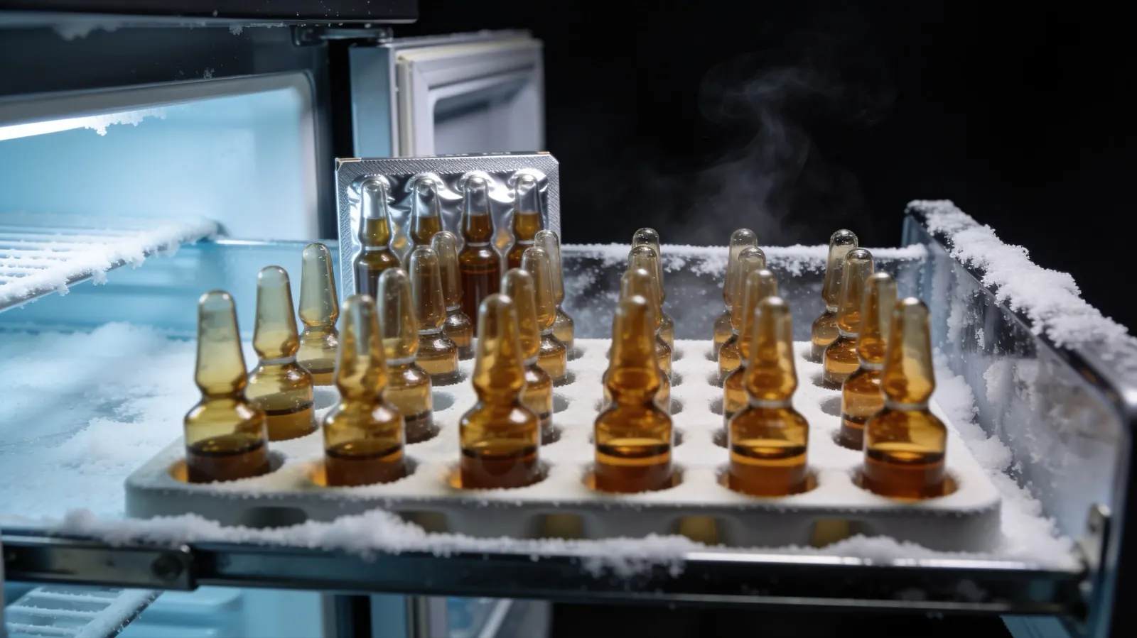 Amber vials and a foil-wrapped carton in a laboratory freezer drawer, the cold dark storage MOTS-c peptide requires