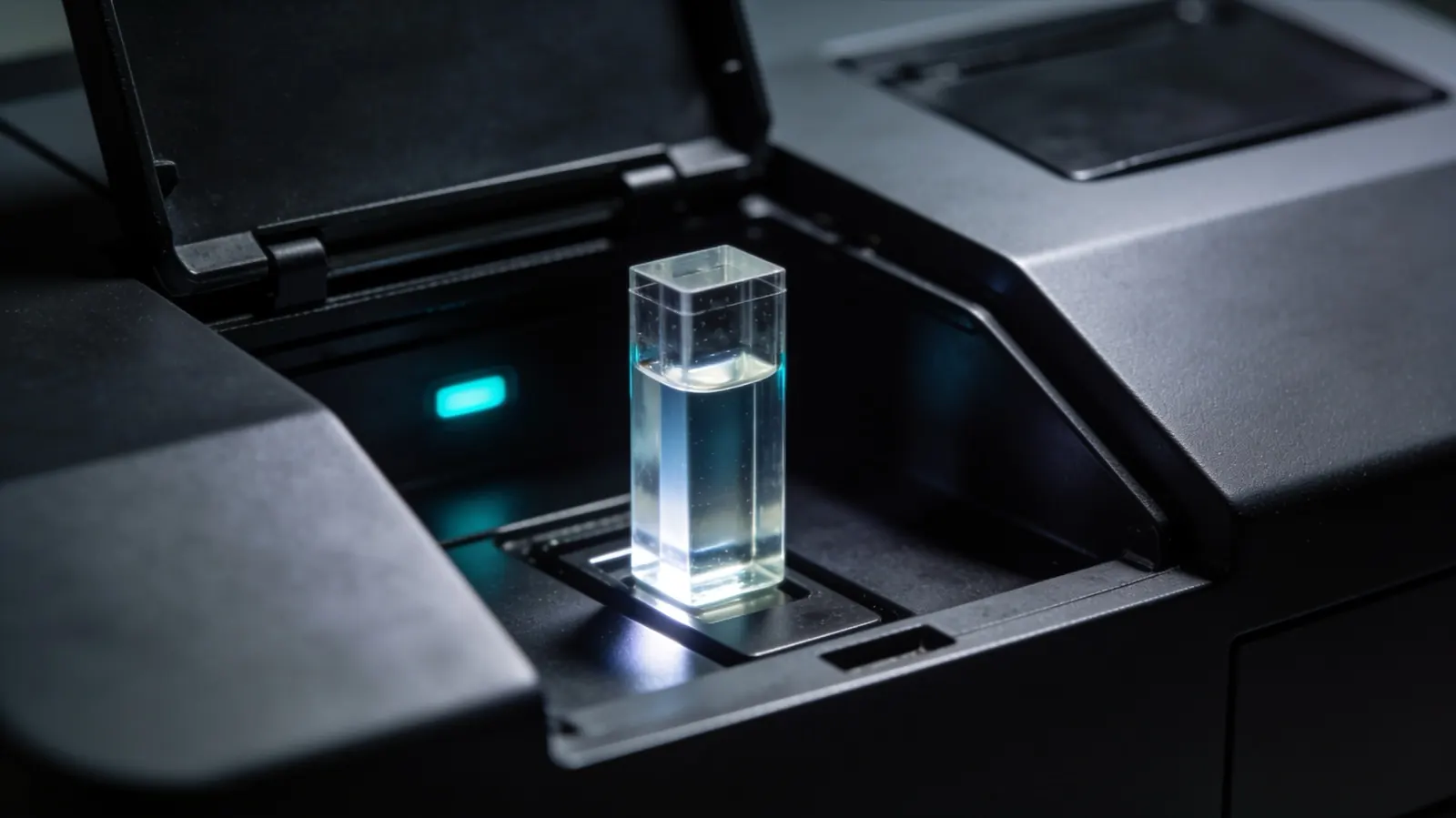 A quartz cuvette seated in a benchtop spectrophotometer, the 340 nm instrument used to measure whether NAD+ peptide material is what it claims to be