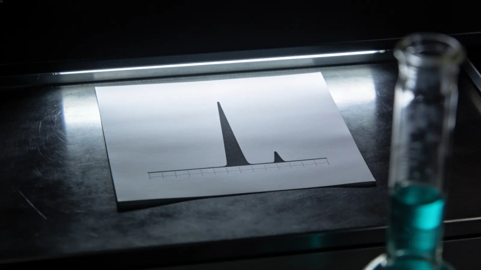 A printed HPLC chromatogram on a laboratory bench, the trace a peptide purity figure is calculated from