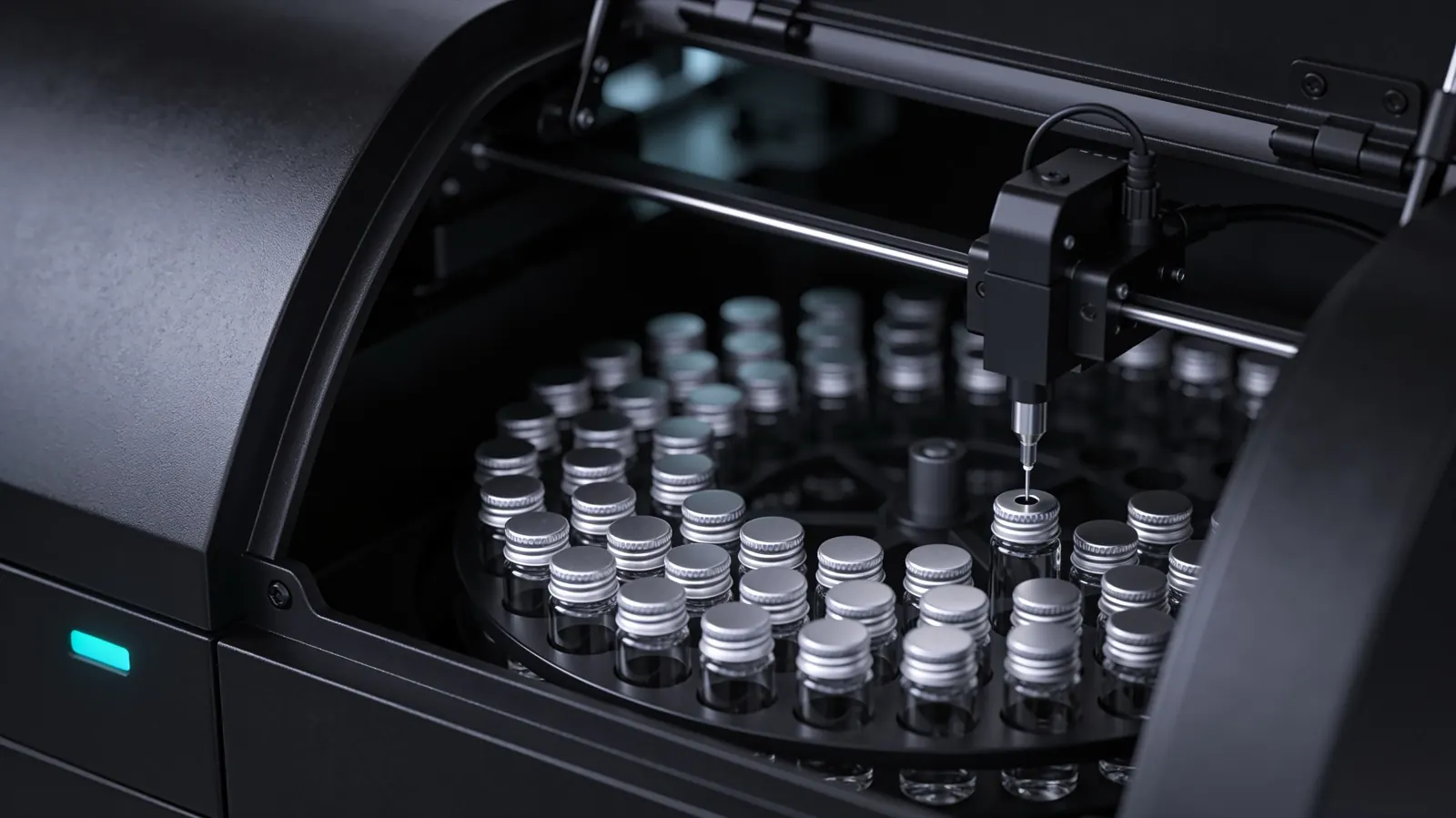 An HPLC autosampler carousel loaded with sample vials, the instrument that performs peptide purity testing