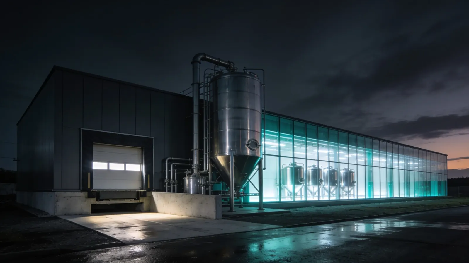 A United States pharmaceutical plant at dusk with stainless process vessels alongside it, where peptides made in the USA are actually produced