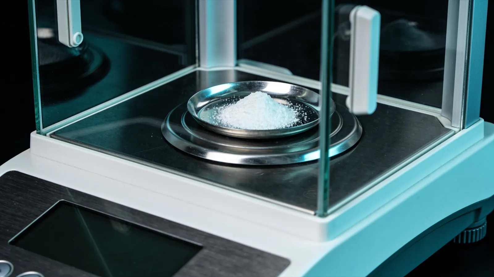 White powder in a weighing boat on an analytical balance, the content measurement a research peptide supplier reports separately from purity
