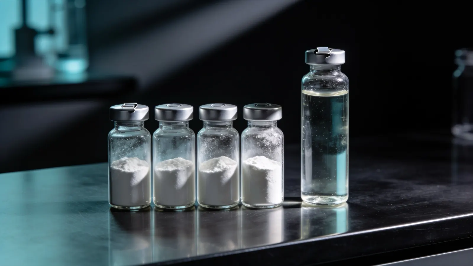 Four vials of lyophilised peptide beside a single vial of diluent, the choice between sterile water vs bacteriostatic water