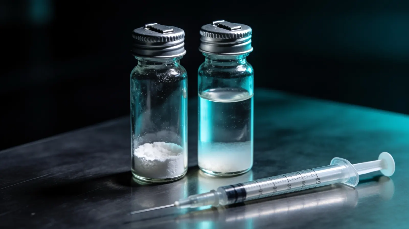 A vial of dry lyophilised tesamorelin peptide beside an identical vial of clear reconstituted solution