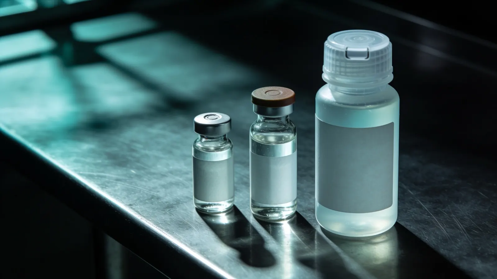 Three containers side by side, a small vial, a larger vial and a plastic fliptop bottle, showing what is bacteriostatic water sold as