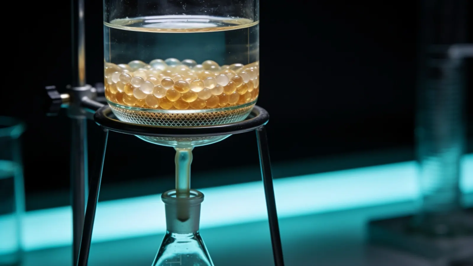 A solid-phase synthesis vessel part-filled with resin beads, which is what is TB-500 answered at the point of manufacture